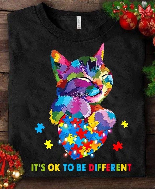 It's Ok To Be Different Autism Colorful Cat Puzzle Heart Shirt