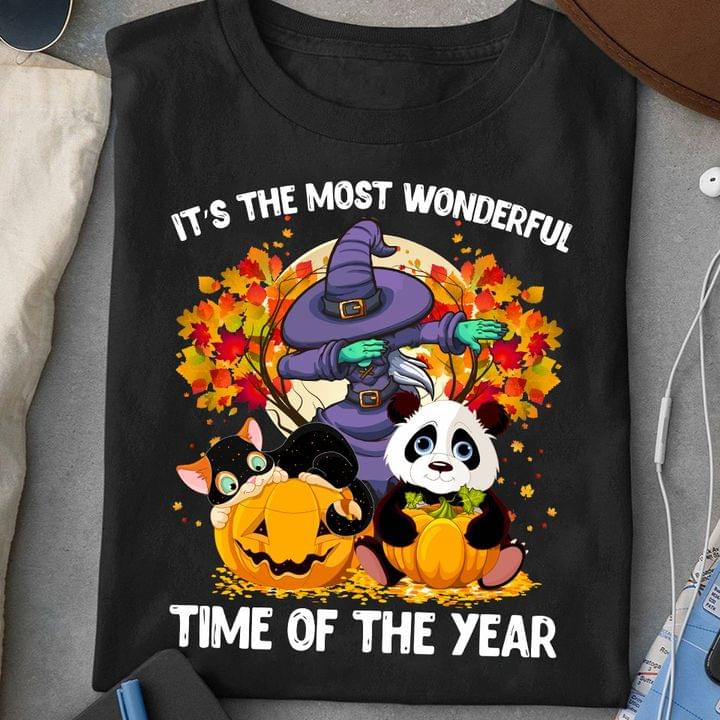 It's The Most Wonderful Time Of The Year Halloween Panda Cat Witch Pumpkin Maple Leaves Shirt