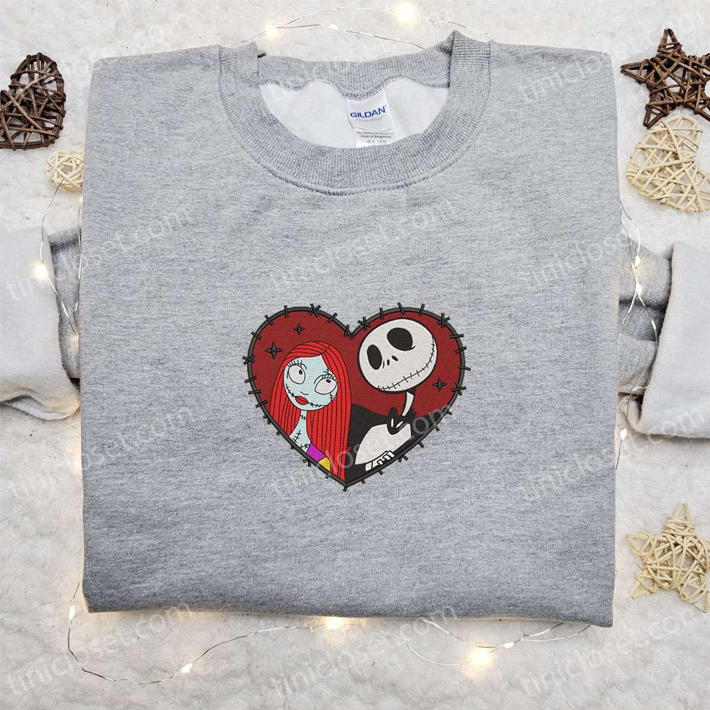 Jack And Sally Heart Embroidered Shirt, Valentine’s Day Embroidered Hoodie, Best Holiday Gift Ideas