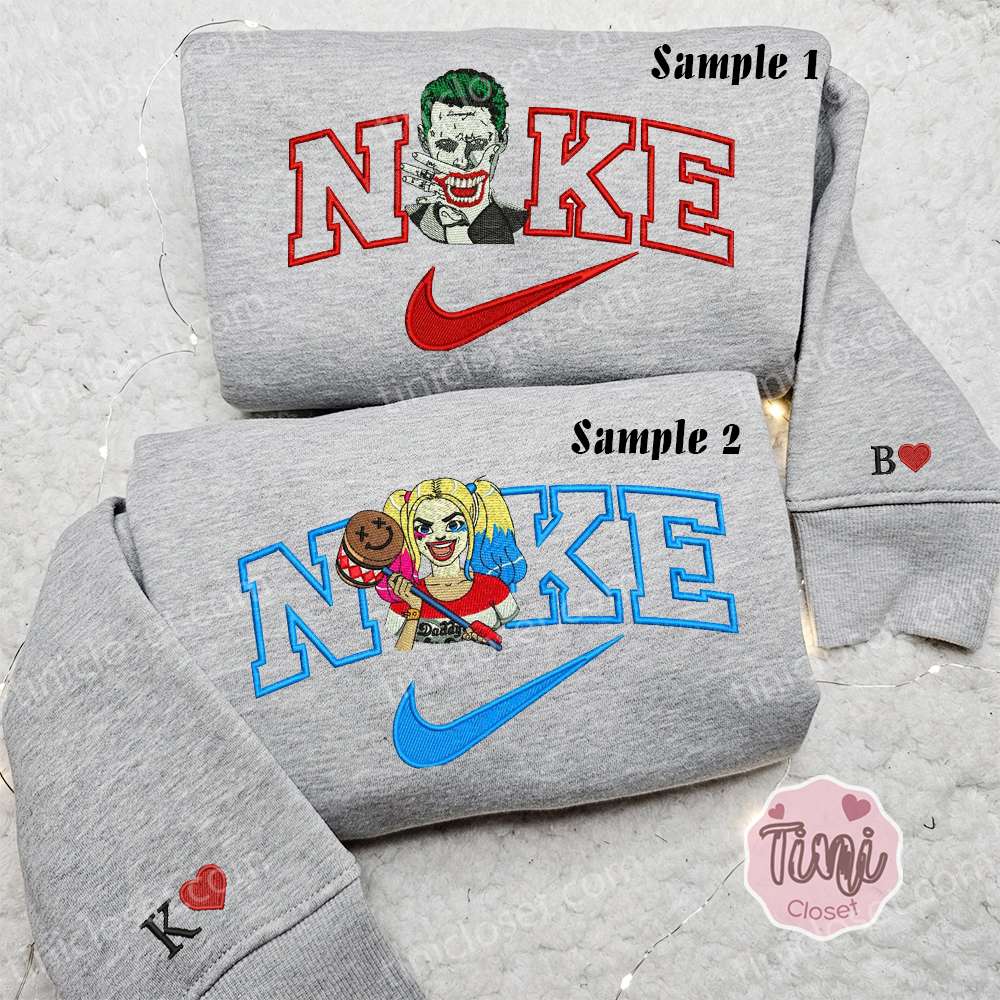 Joker And Harley Quinn X Nike Couple Embroidered Shirt, Movie Characters Embroidered Hoodie, Valentine’s Day Embroidered Sweatshirt