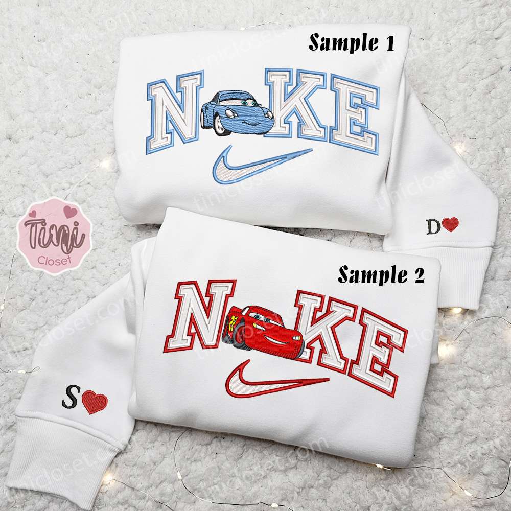 Lightning Mcqueen And Sally Carrera X Nike Couple Embroidered Shirt, Disney Cars Embroidered Hoodie, Valentine’s Day Embroidered Sweatshirt