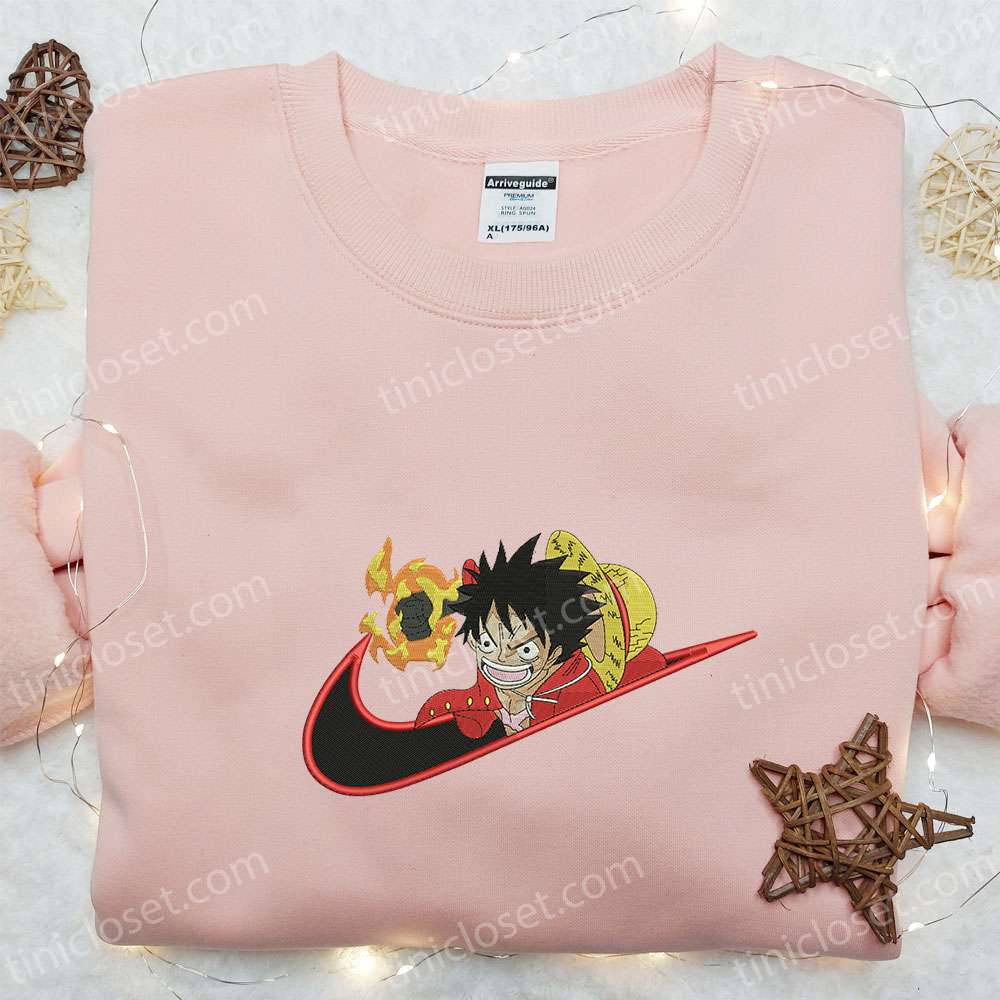 Luffy’s Red Hawk X Swoosh Embroidered Sweatshirt, One Piece Anime Embroidered Shirt, Best Gift Ideas For All Occasions