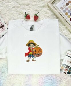 Luffy With Jack O’ Lantern Pumpkin Embroidered Shirt, Halloween Embroidered Hoodie