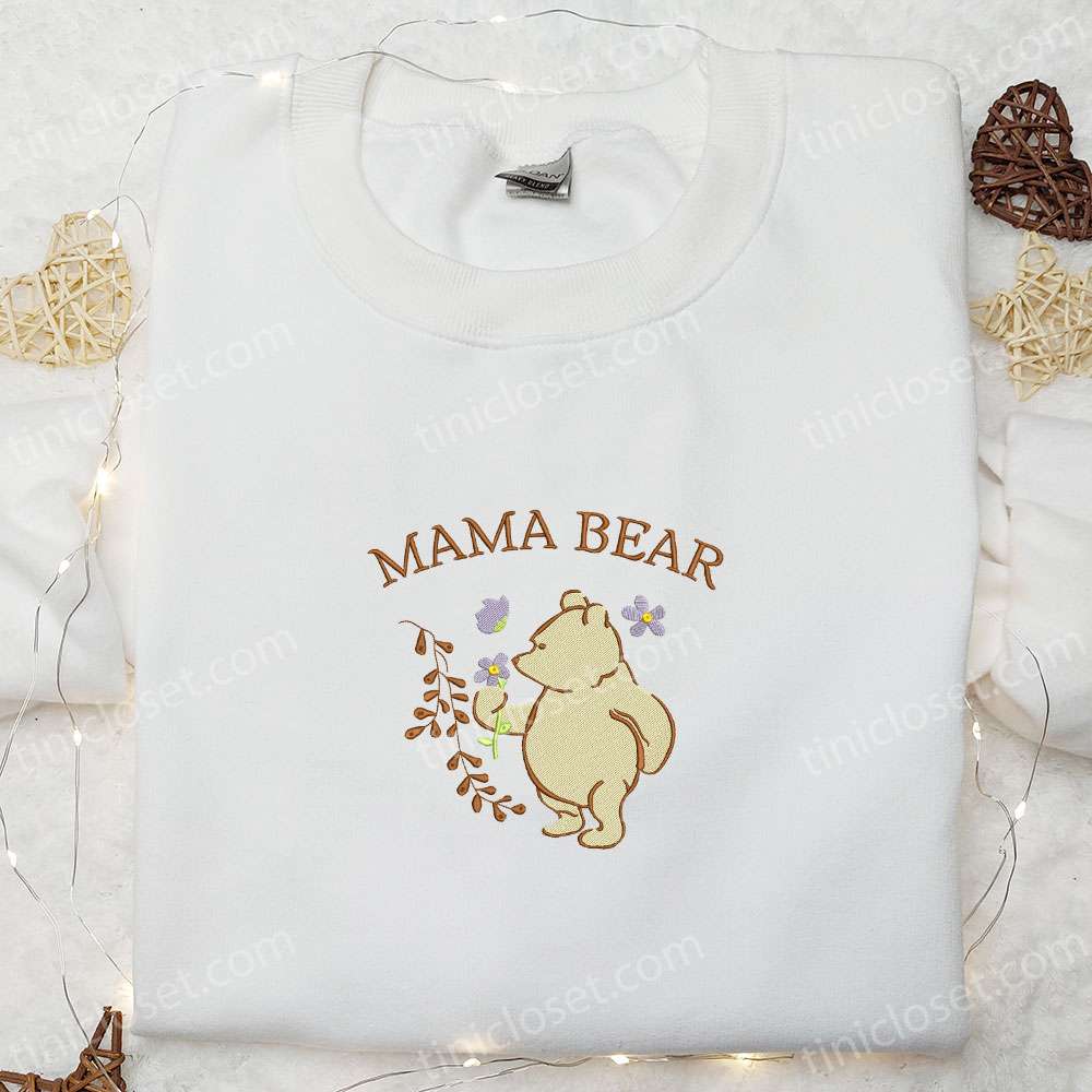 Mama Bear Picking Flowers Embroidered Shirt, Mother’s Day Embroidered Hoodie, Best Gift For Mom