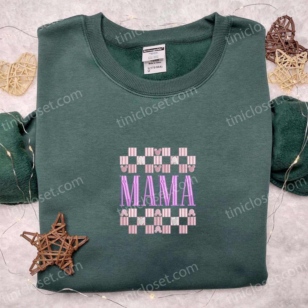 Mama Checkerboard Embroidered T-shirt, Holiday Embroidered T-shirt, Best Mother’s Day Gift Ideas