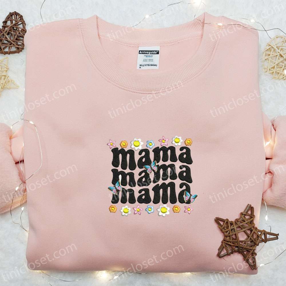 Mama Floral Butterfly Embroidered Shirt, Mother’s Day Embroidered Hoodie, Cute Gift For Mom