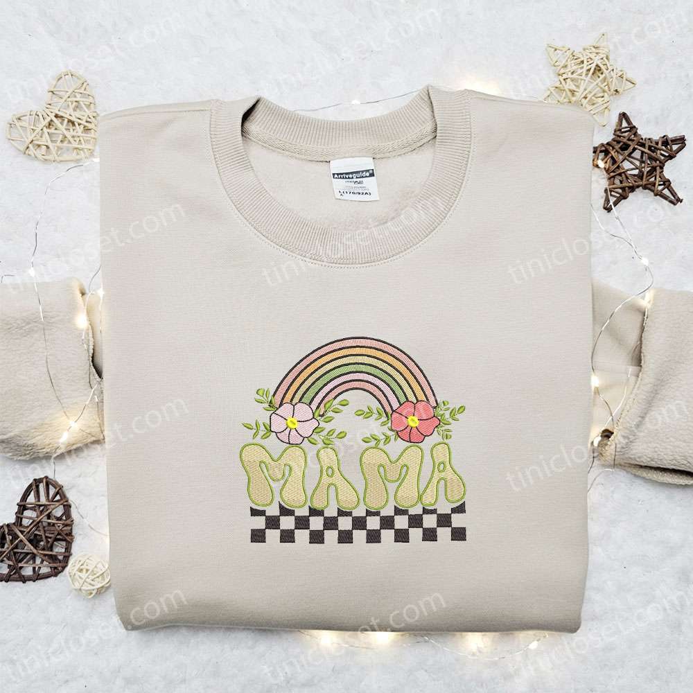 Mama Flower Rainbow Checkerboard Embroidered Shirt, Mother’s Day Embroidered Hoodie, Best Gift For Mom