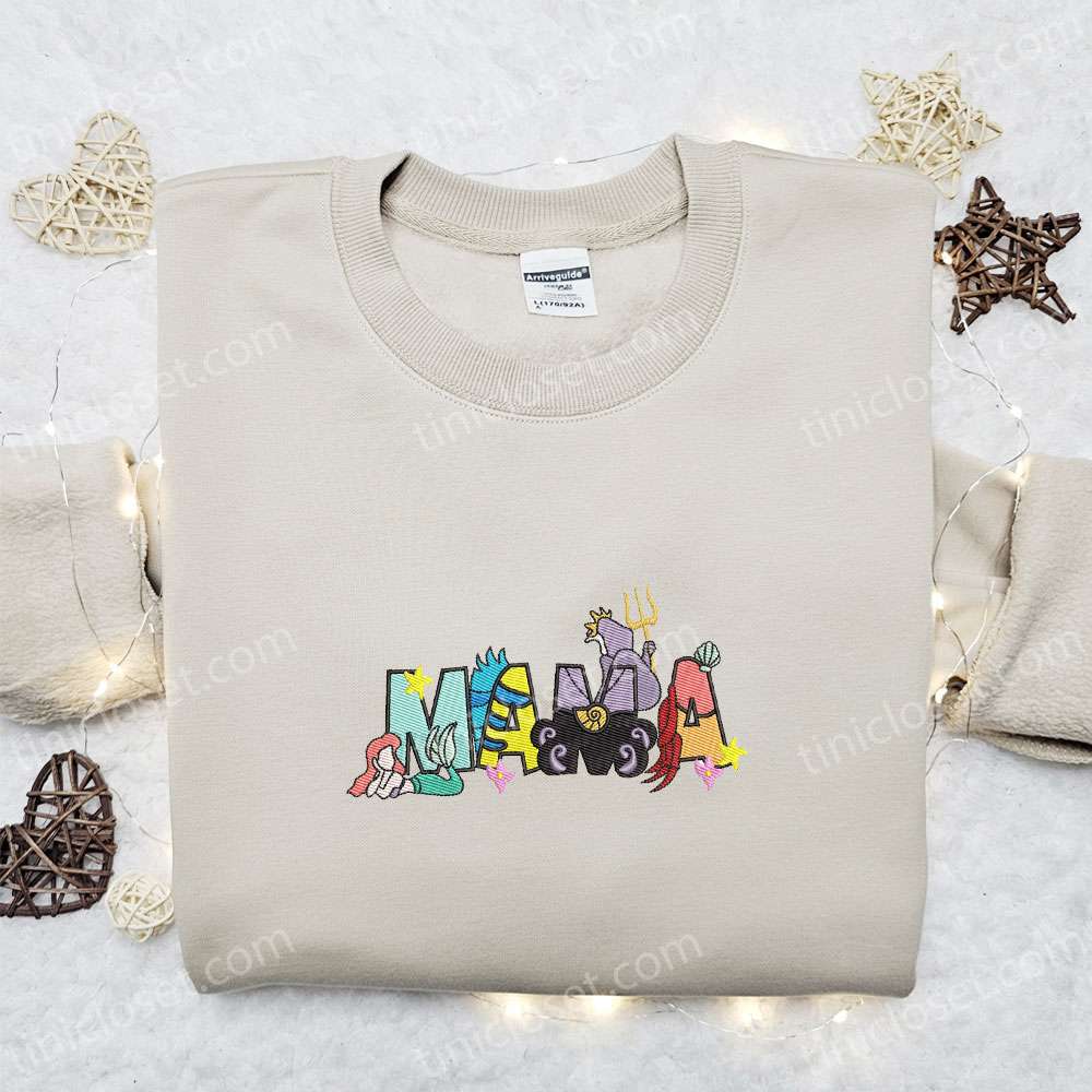 Mama Little Mermaid Embroidered Shirt, Disney Characters Embroidered Hoodie, Best Mother’s Day Gift Idea