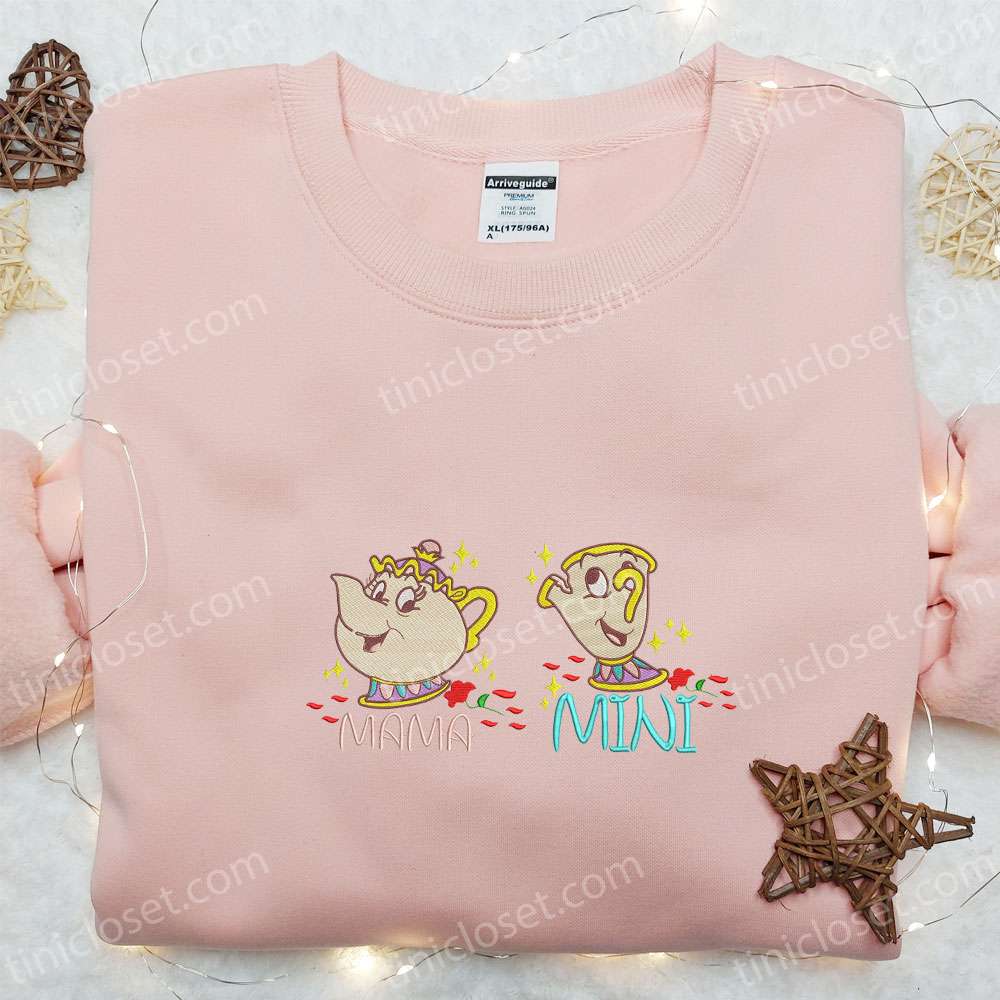 Mama Mini Mrs Pot And Chip Embroidered Shirt, Disney Characters Embroidered Hoodie, Best Mother’s Day Gift
