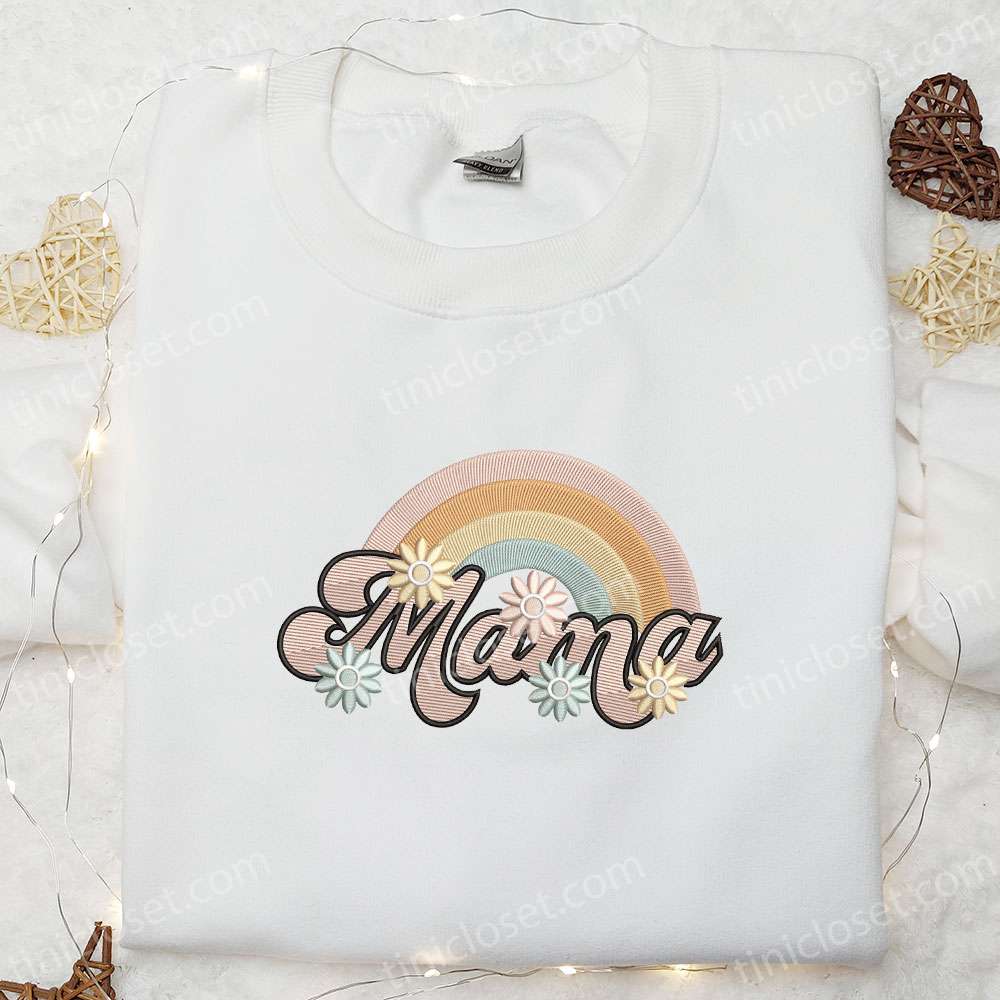 Mama Pastel Rainbow Embroidered Shirt, Mother’s Day Embroidered Hoodie, Best Gift For Mom