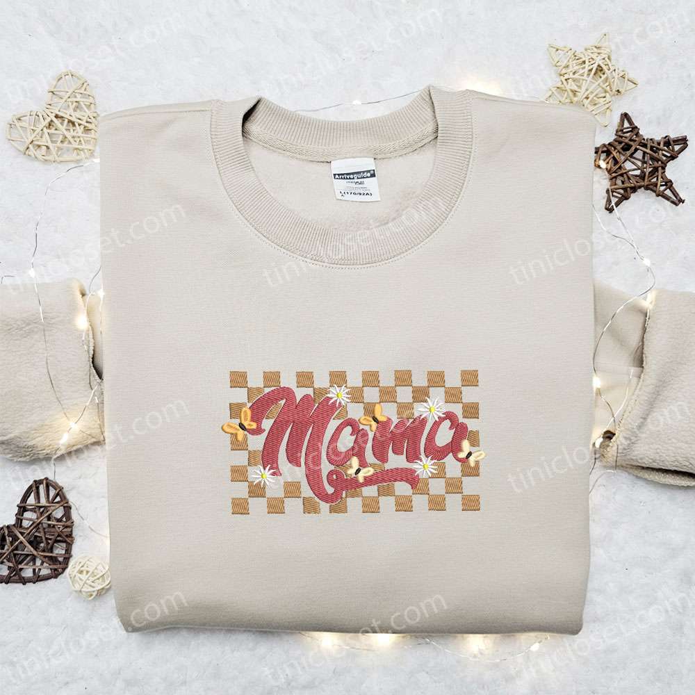 Mama Retro Checkerboard Embroidered Shirt, Mother’s Day Embroidered Hoodie, Best Gift For Mom