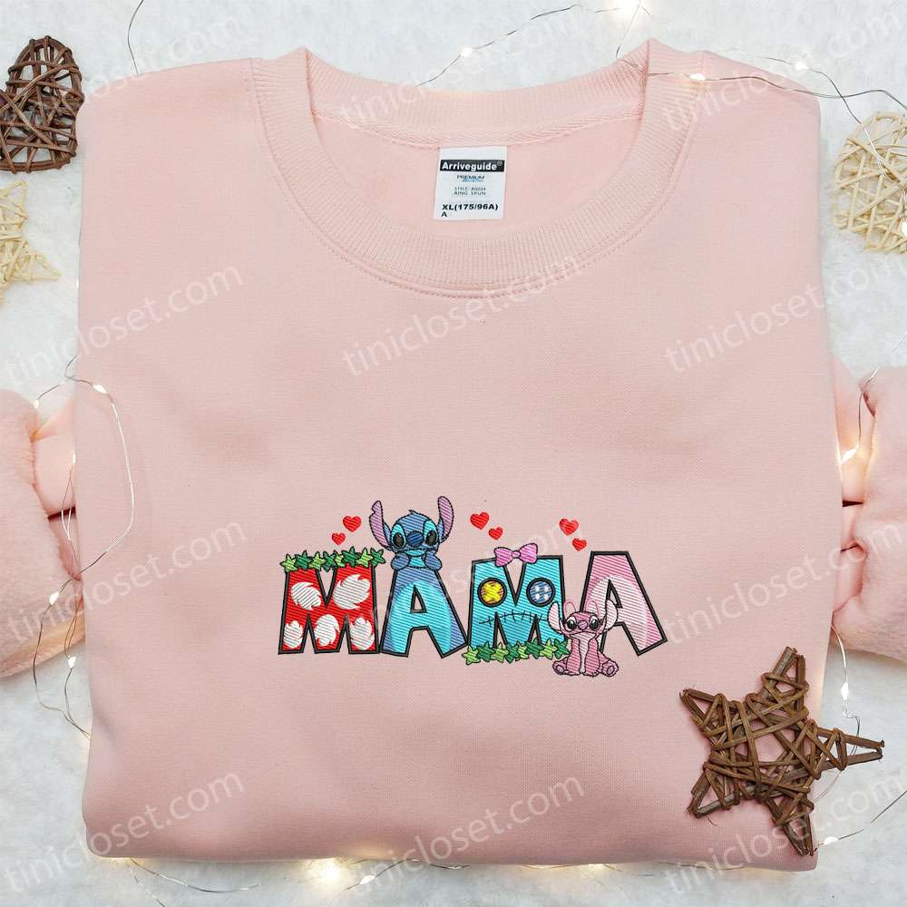 Mama Stitch Angel Embroidered T-shirt, Disney Embroidered T-shirt, Best Mother’s Day Gift Ideas