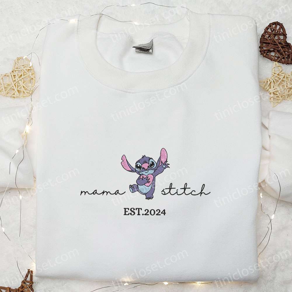 Mama Stitch Heart Embroidered Shirt, Disney Characters Embroidered Hoodie, Best Mother’s Day Gift Idea