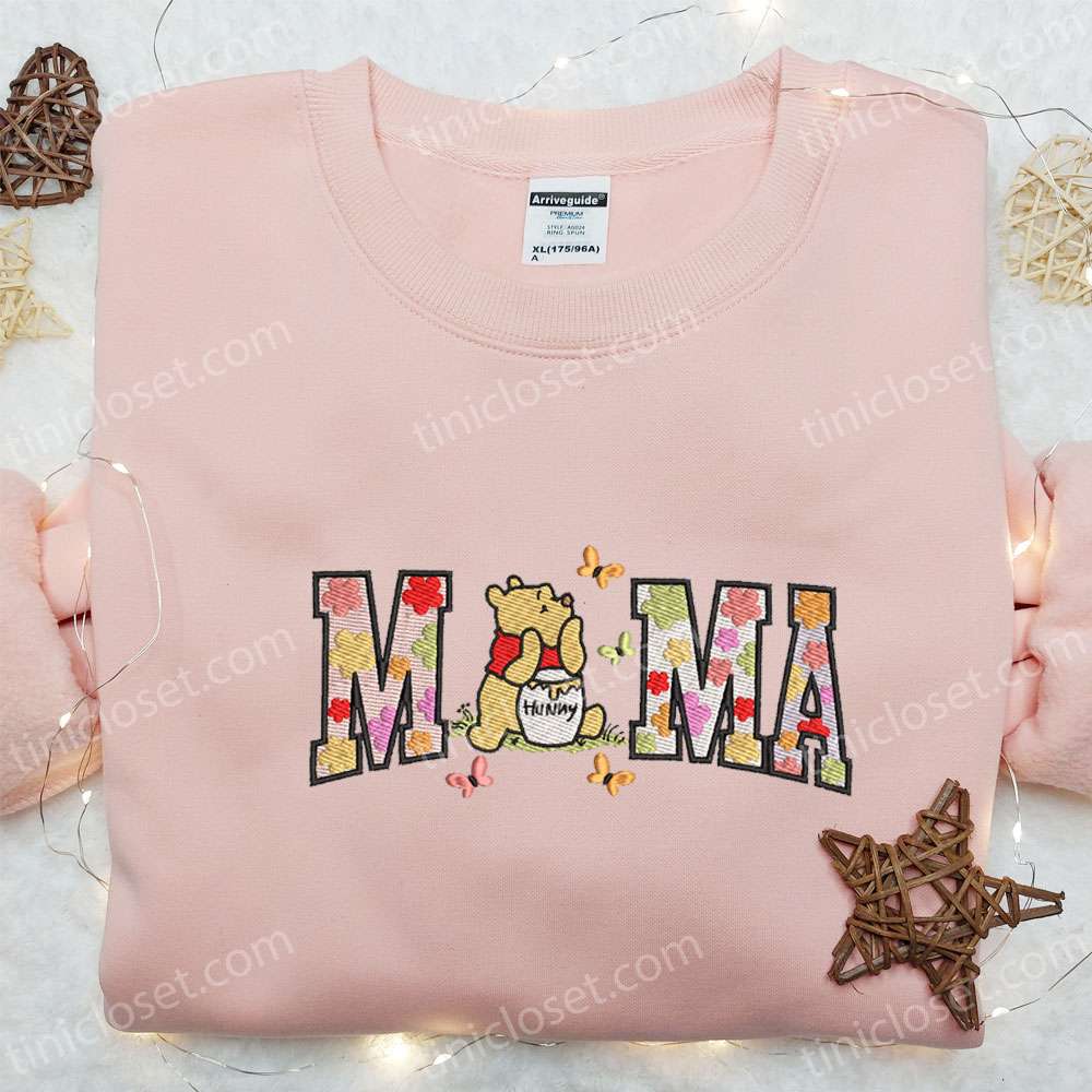 Mama Winnie The Pooh Floral Embroidered Shirt, Disney Characters Embroidered Hoodie, Best Mother’s Day Gift Idea