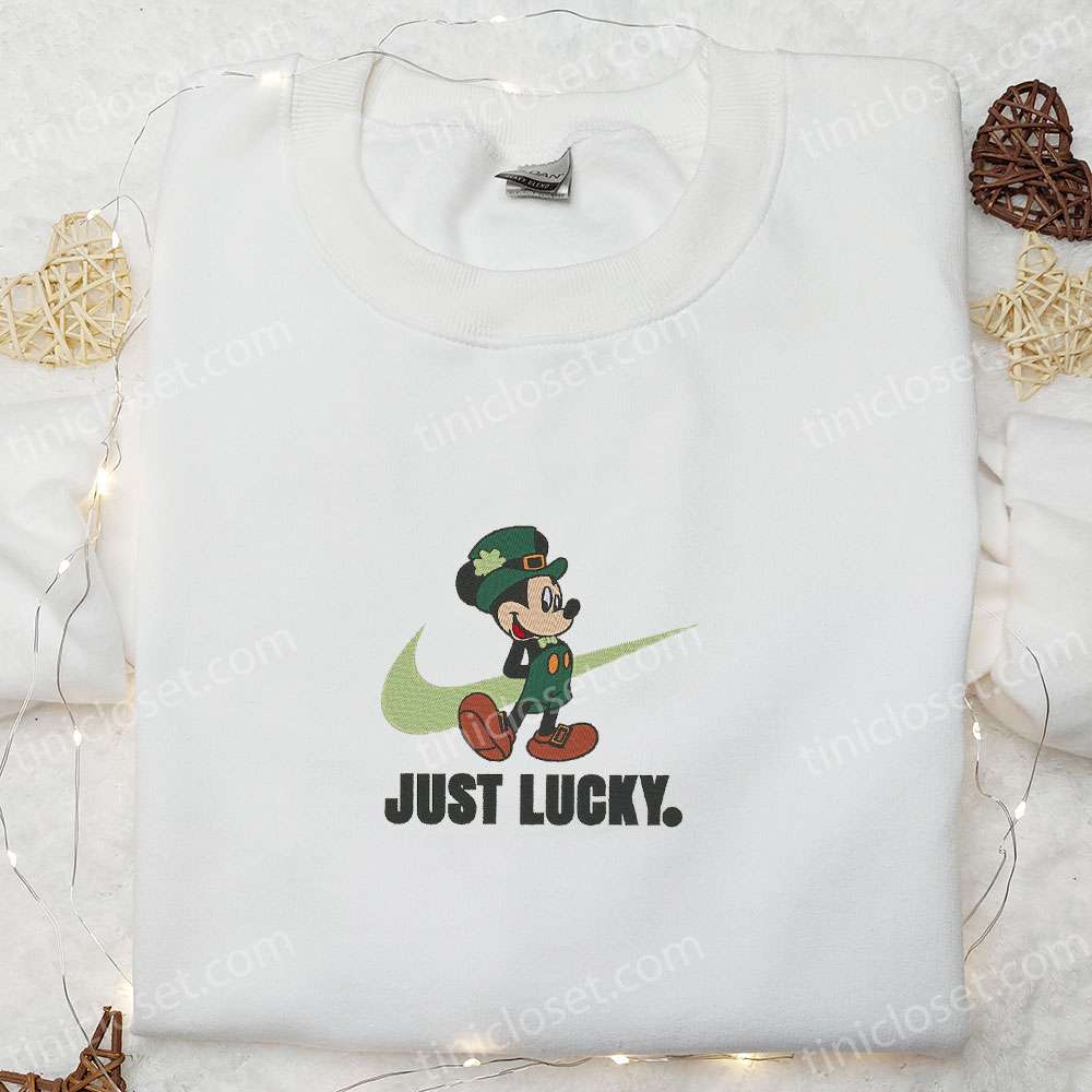 Mickey Just Lucky X Nike Swoosh Embroidered Shirt, Disney Characters Embroidered Hoodie, Best Saint Patrick’s Day Gift Idea