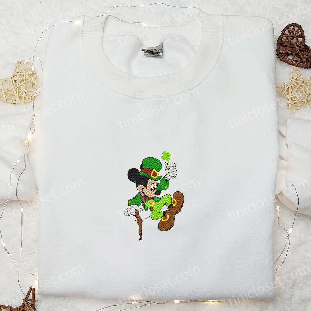 Mickey Leprechaun With Clover Embroidered Shirt, Saint Patrick’s Day Embroidered Hoodie, Best Holiday Gift Ideas