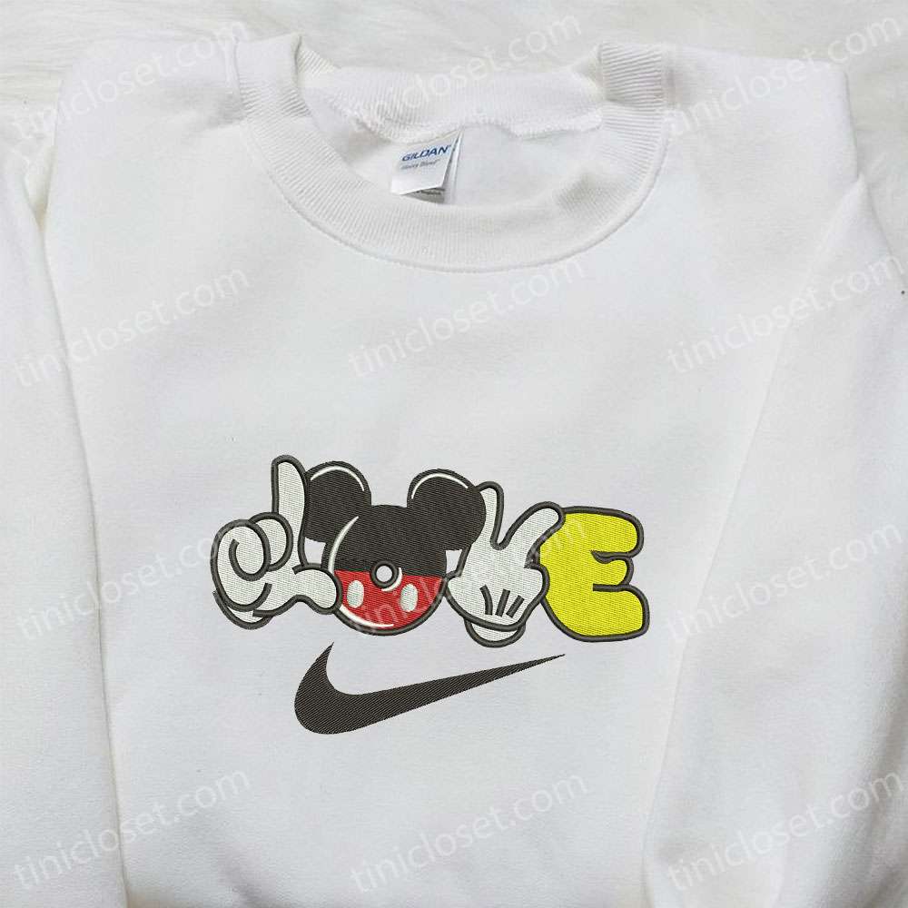 Mickey Mouse Love X Nike Embroidered Hoodie, Nike Inspired Embroidered Shirt, Best Valentine’s Day Gift Ideas