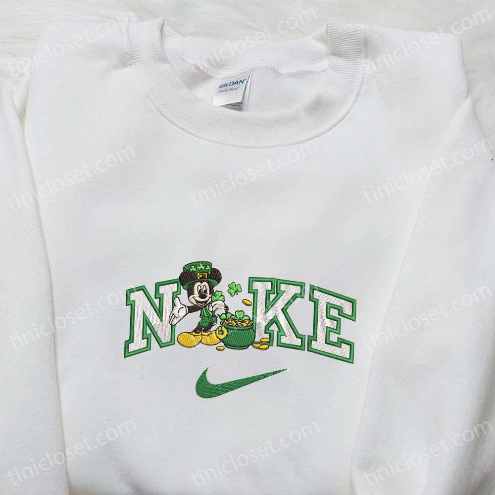Mickey With Shamrock Gold Pot X Nike Embroidered Shirt, Disney Characters Embroidered Shirt, Saint Patrick’s Day Embroidered Hoodie