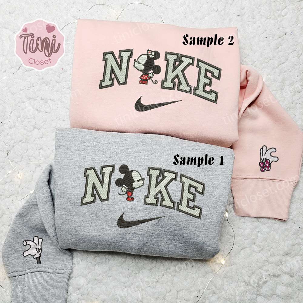 Minnie And Mickey Kiss X Nike Couple Embroidered Shirt, Disney Characters Embroidered Hoodie, Valentine’s Day Embroidered Sweatshirt