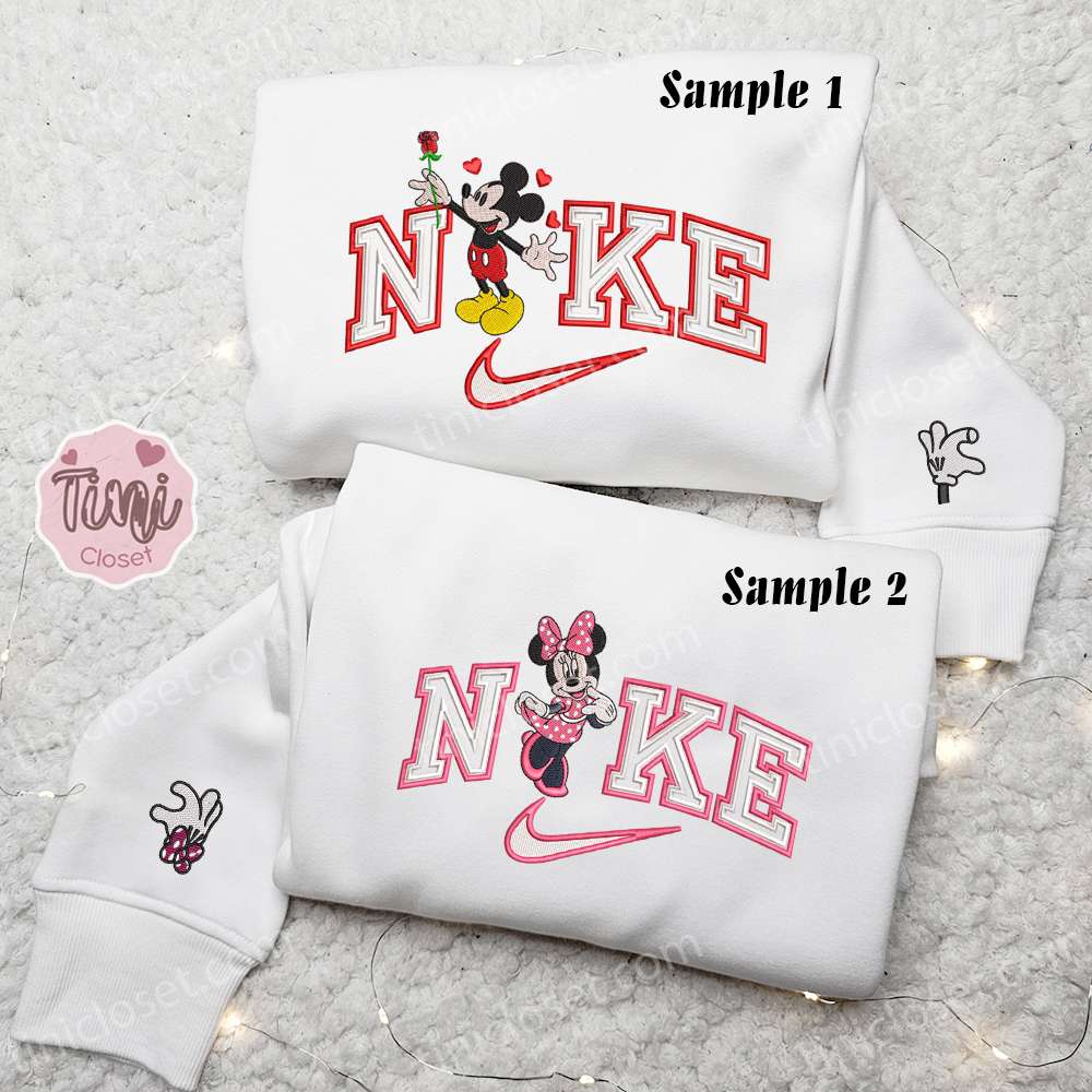 Minnie And Mickey Love X Nike Couple Embroidered Shirt, Disney Characters Embroidered Hoodie, Valentine’s Day Embroidered Sweatshirt