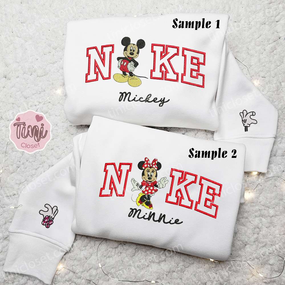 Minnie And Mickey X Nike Couple Embroidered Shirt, Disney Characters Embroidered Hoodie, Valentine’s Day Embroidered Sweatshirt