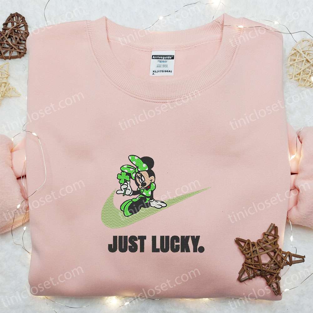 Minnie Just Lucky X Nike Swoosh Embroidered Shirt, Disney Characters Embroidered Hoodie, Best Saint Patrick’s Day Gift Idea