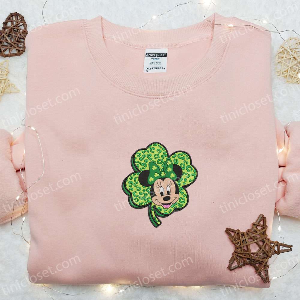 Minnie Leopard Clover Embroidered Shirt, Disney Characters Embroidered Hoodie, Best Saint Patrick’s Day Gift Idea