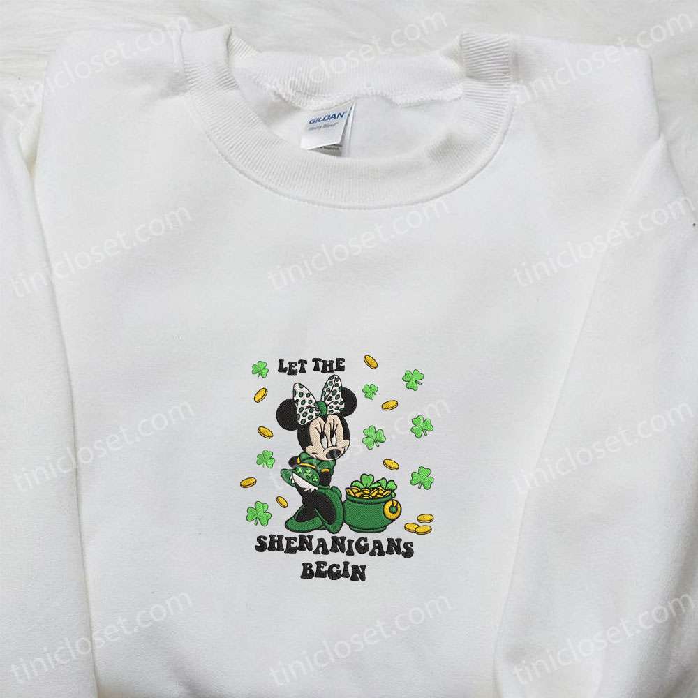 Minnie Let The Shenanigans Begin Embroidered Shirt, Disney Characters Embroidered Shirt, Saint Patrick’s Day Embroidered Hoodie
