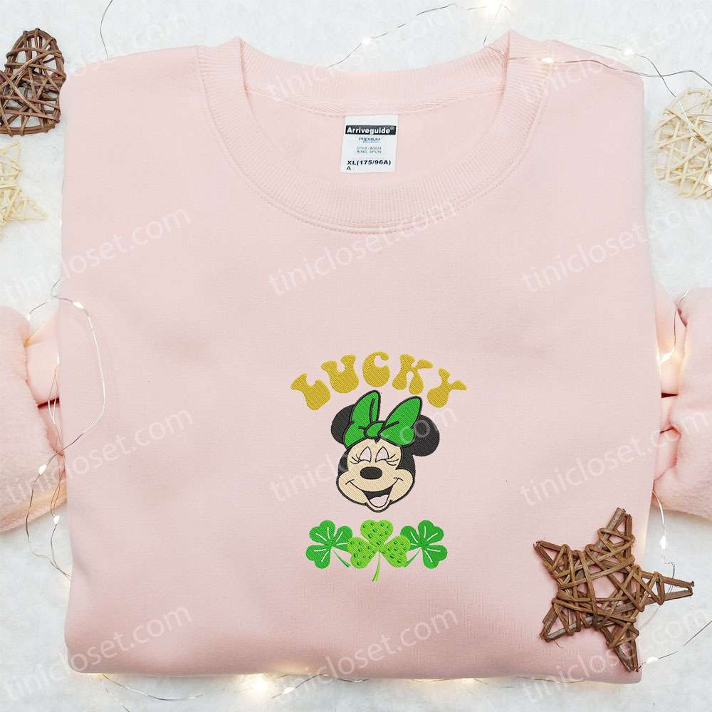 Minnie Lucky Shamrock Embroidered Shirt, Disney Characters Embroidered Hoodie, Saint Patrick’s Day Gift Ideas
