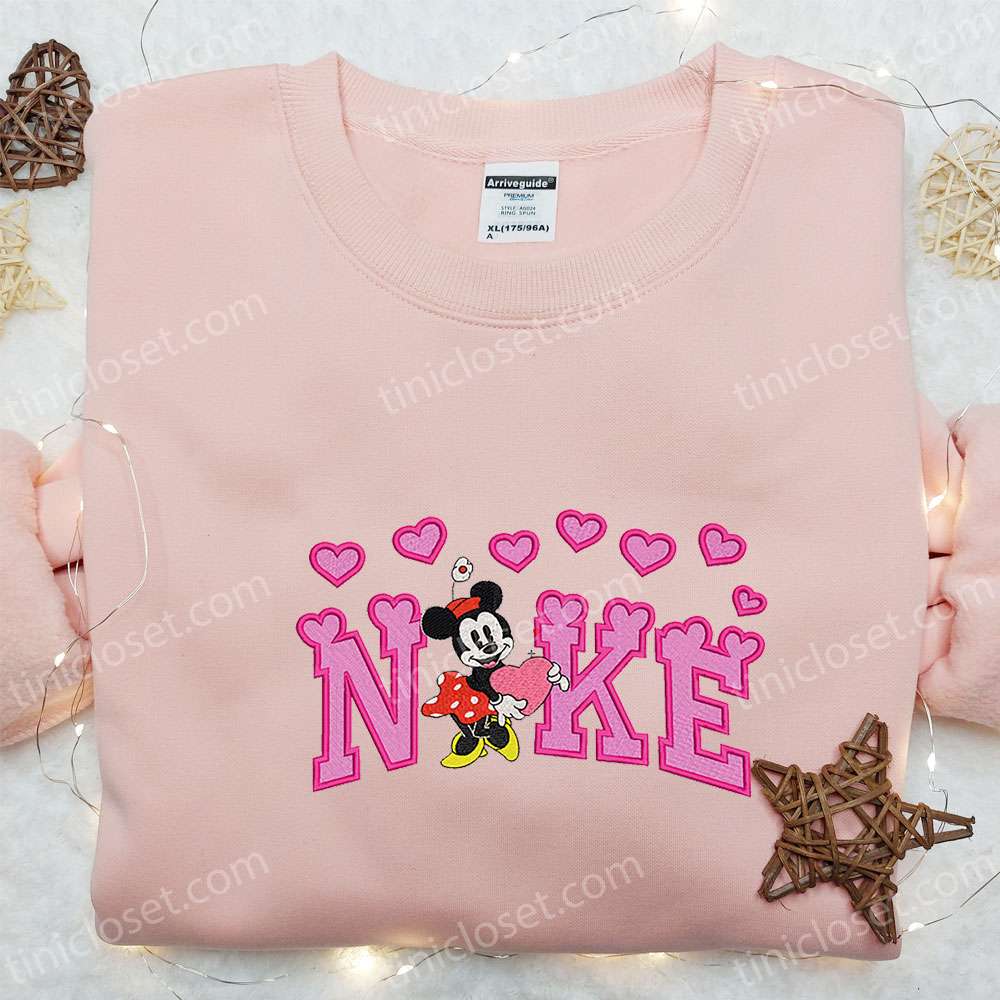 Minnie Mouse Heart X Nike Cartoon Embroidered Shirt, Nike Inspired Embroidered Shirt, Best Valentine’s Day Gift Ideas