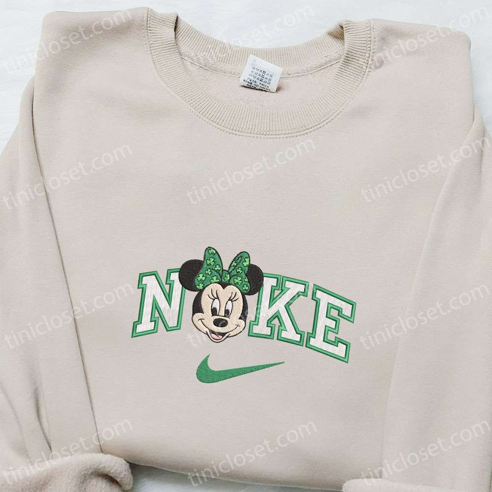 Minnie Wears Shamrock Bow X Nike Embroidered Shirt, Disney Characters Embroidered Shirt, Saint Patrick’s Day Embroidered Hoodie