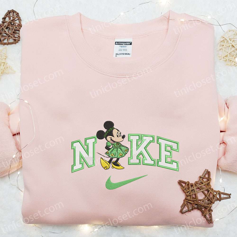 Minnie Wears Shamrock Dress X Nike Embroidered Shirt, Disney Characters Embroidered Shirt, Saint Patrick’s Day Embroidered Hoodie