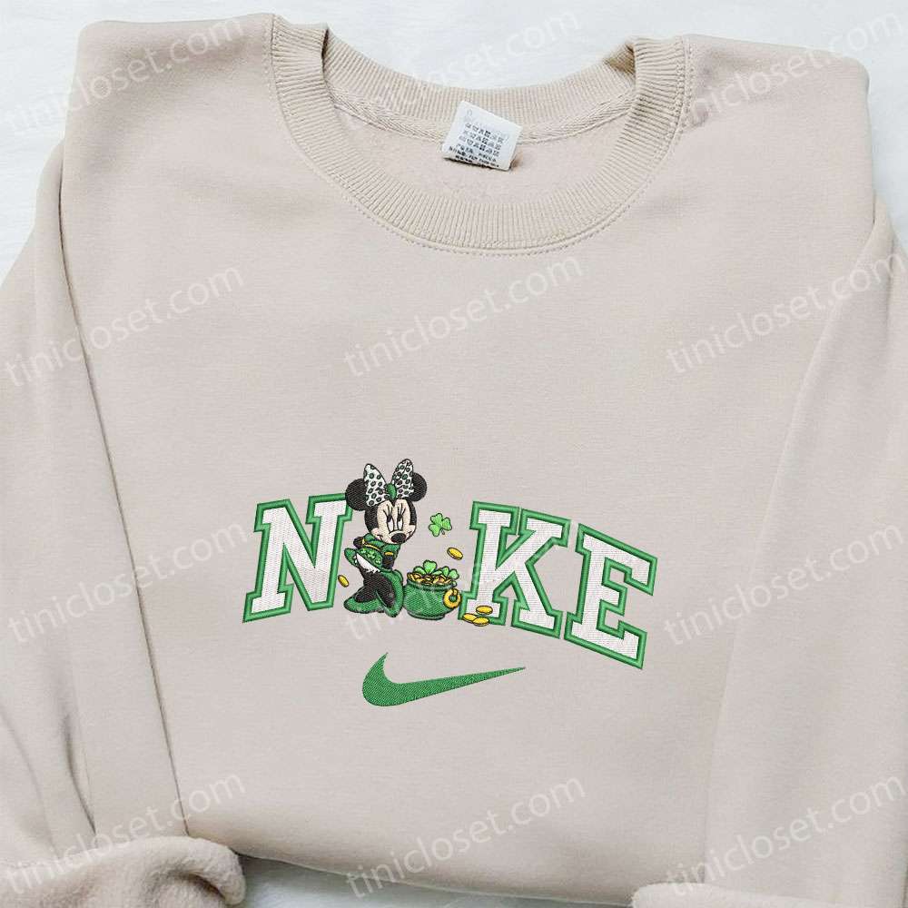Minnie With Shamrock Gold Pot X Nike Embroidered Shirt, Disney Characters Embroidered Shirt, Saint Patrick’s Day Embroidered Hoodie