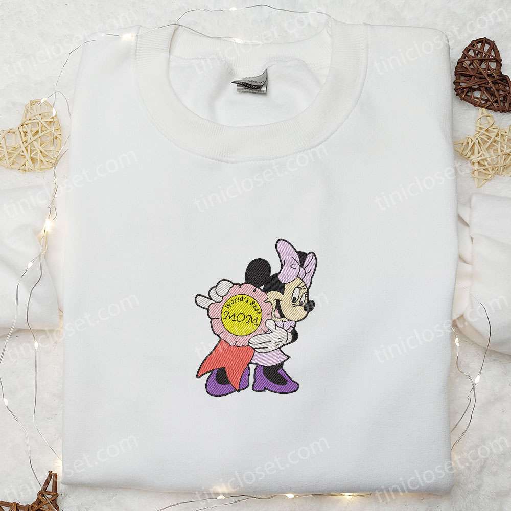 Minnie With World Best Mom Badge Embroidered Shirt, Disney Characters Embroidered Hoodie, Cute Mother’s Day Gift