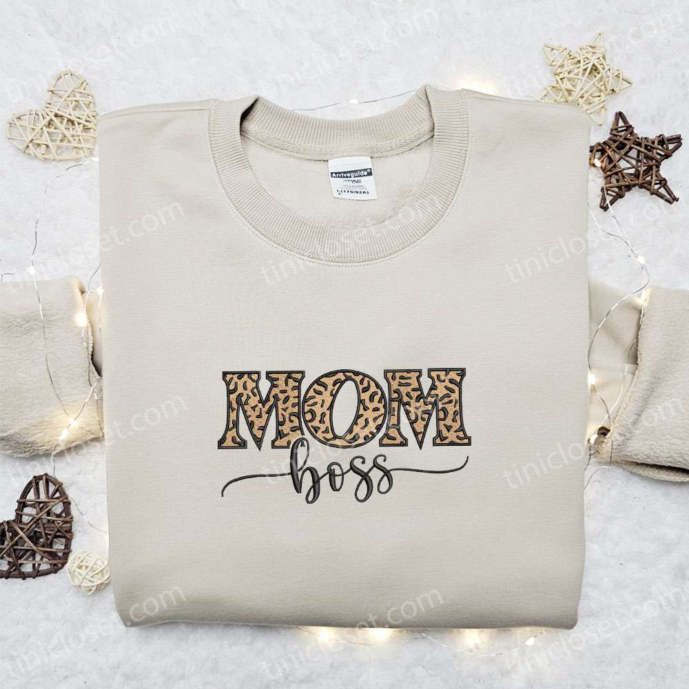 Mom Boss Leopard Embroidered Shirt, Mother’s Day Embroidered Hoodie, Best Gift For Mom