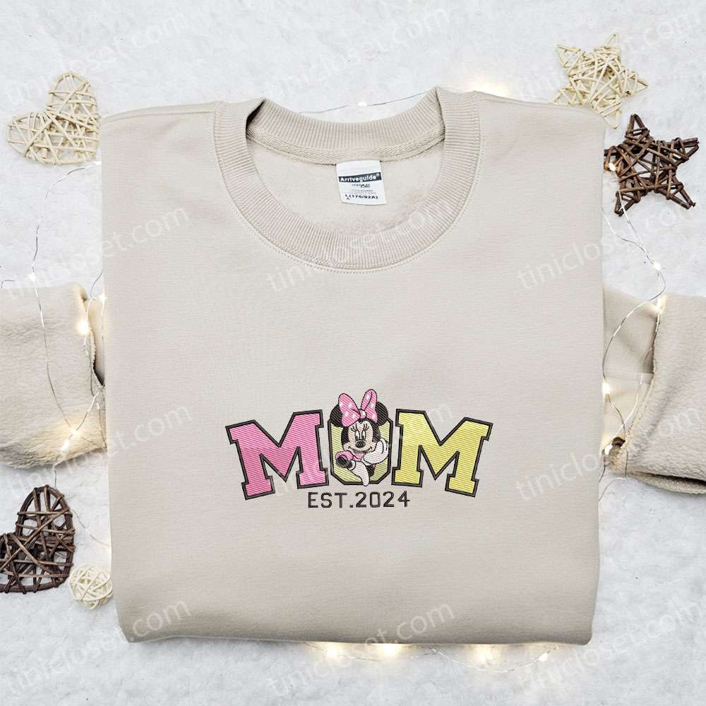 Mom Est 2024 Minnie Embroidered Shirt, Disney Characters Embroidered Hoodie, Best Mother’s Day Gift Idea