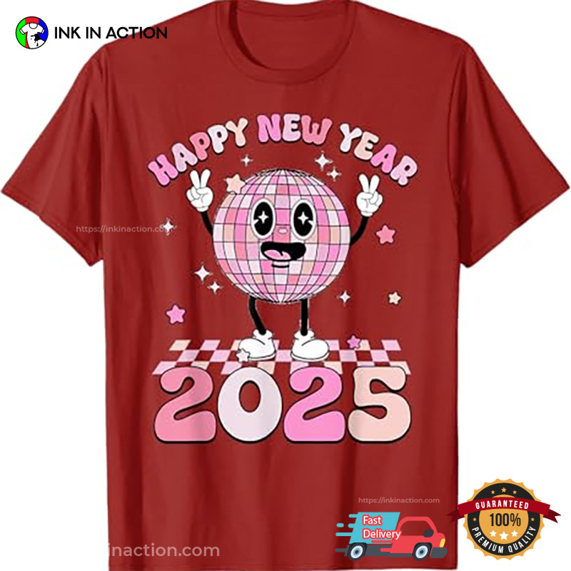 New Year’s Eve 2025 Disco Ball Retro Happy New Year Pink T-shirt