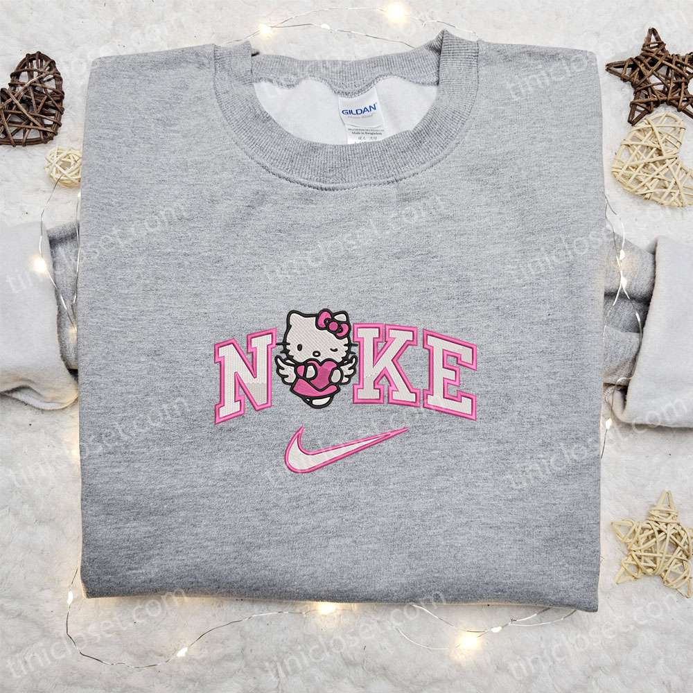 Nike X Hello Kitty Angel With Pink Heart Embroidered Shirt, Valentine’s Day Embroidered Hoodie, Best Gift Ideas