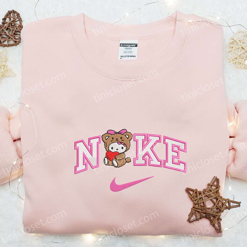 Nike X Hello Kitty Bear Cosplay With Heart Embroidered Shirt, Cartoon Embroidered Hoodie, Best Valentine’s Day Gift Ideas