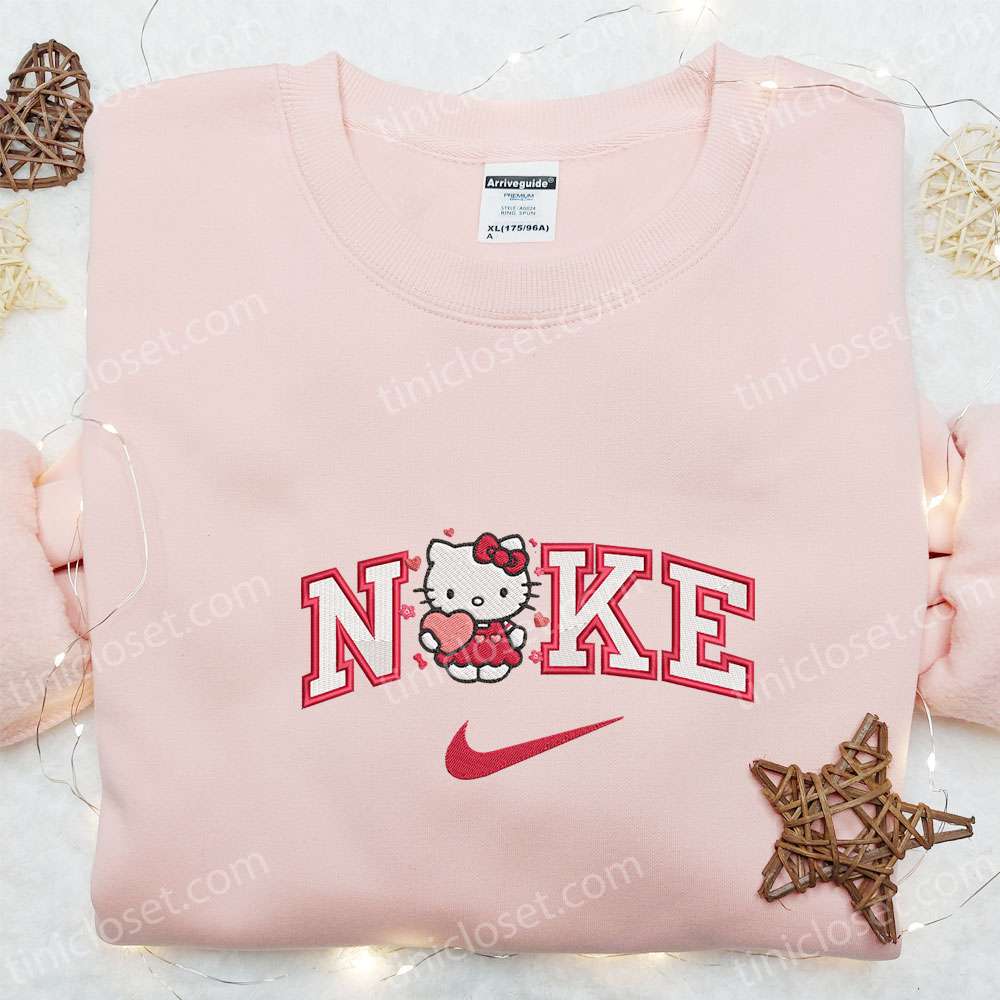 Nike X Kawaii Kitty Valentine’s Day Embroidered Hoodie, Hello Kitty Cartoon Embroidered Shirt, Nike Inspired Embroidered Sweatshirt