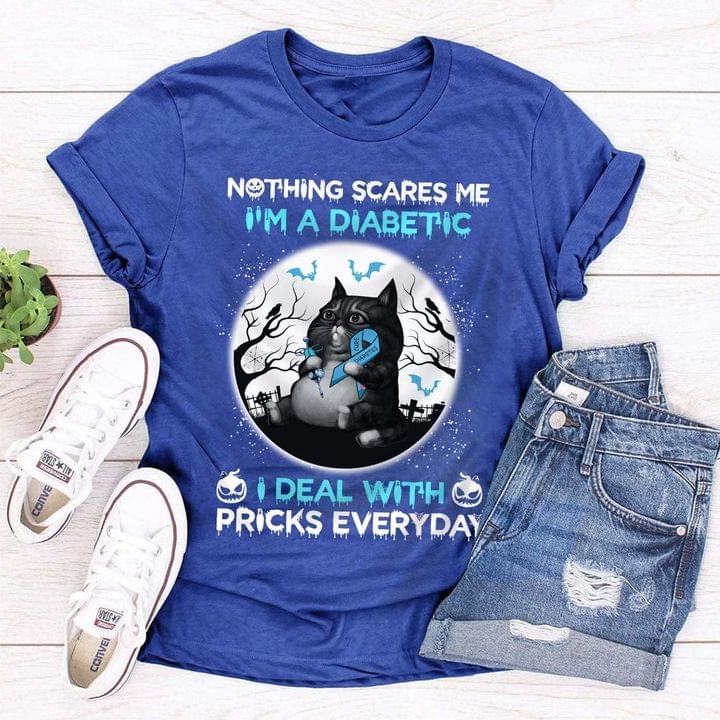 Nothing Scares Me I'm A Diabetic I Deal With Pricks Everyday Black Cat Blue Ribbon Syringe Halloween Shirt