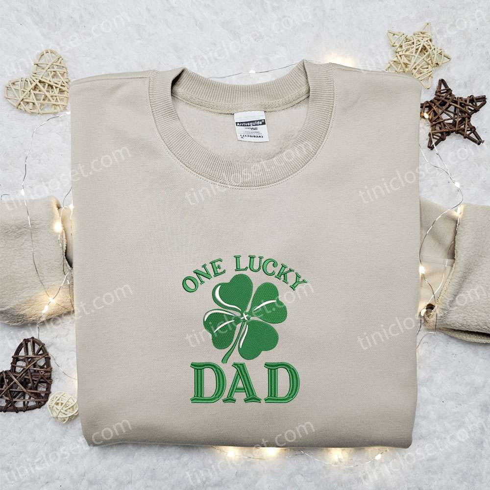 One Lucky Dad Clover Embroidered Shirt, Father’s Day Embroidered Hoodie, Best Saint Patrick’s Day Gift Idea