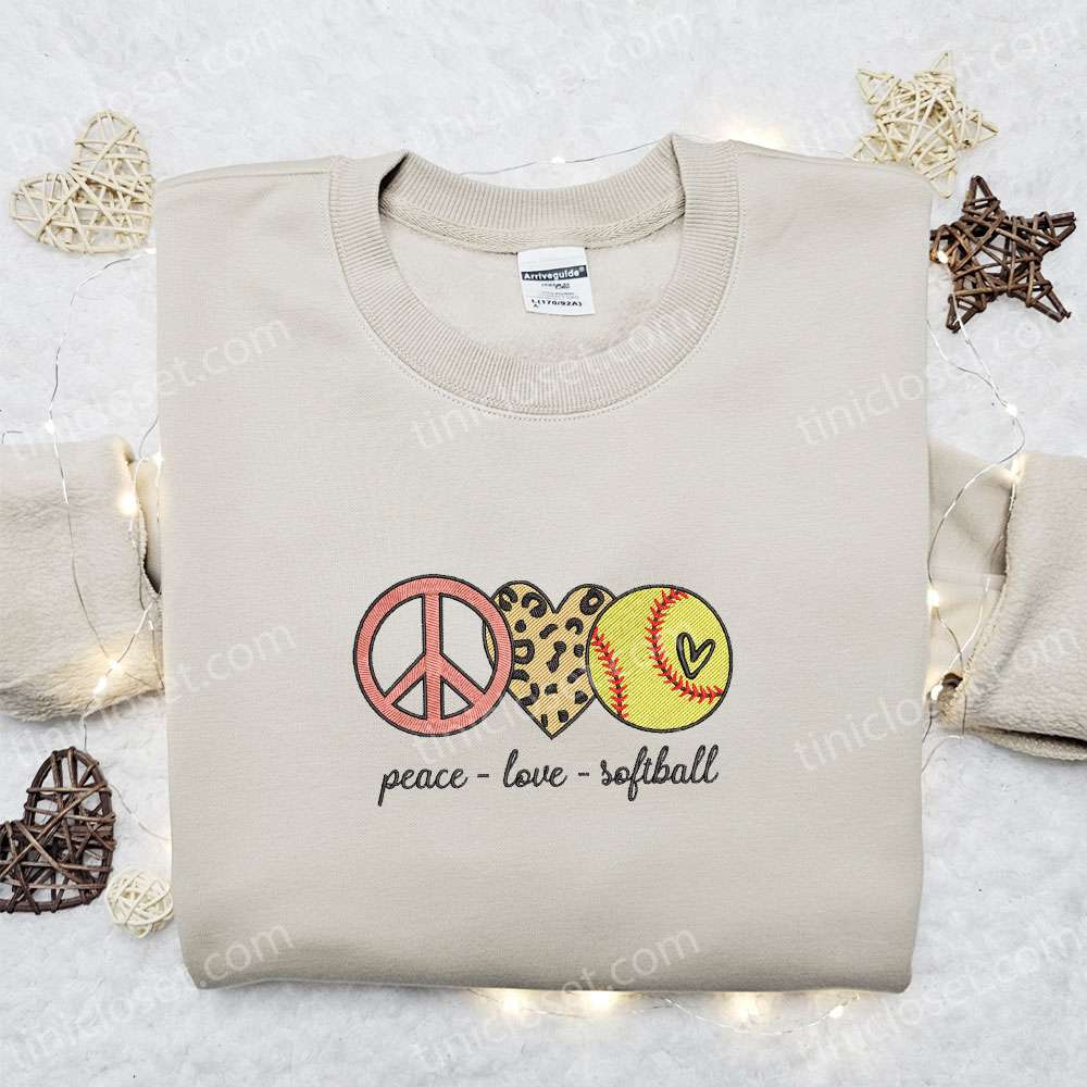 Peace Love Softball Embroidered Shirt, Mother’s Day Embroidered Hoodie, Best Gift For Mom