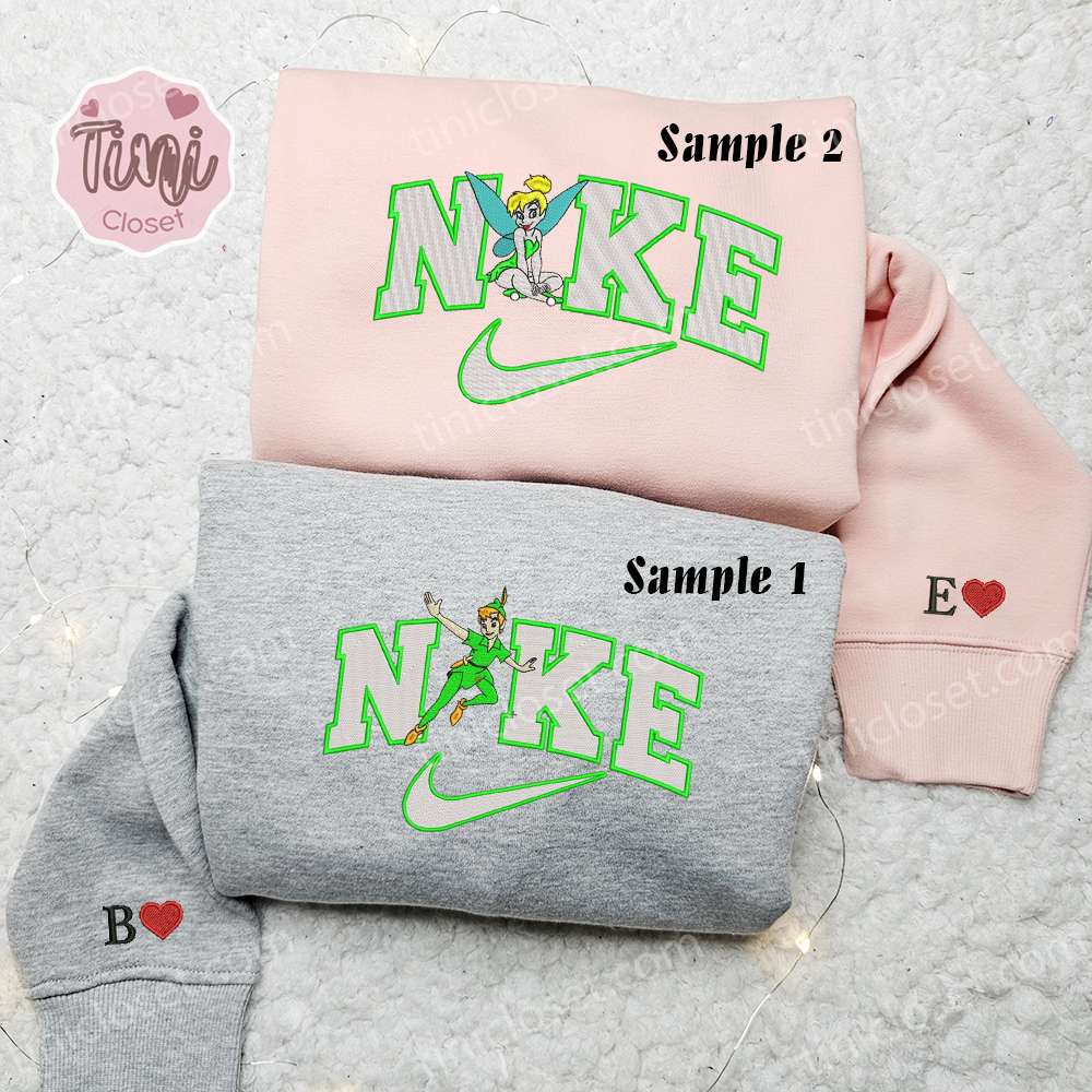 Peter Pan And Tinker Bell X Nike Couple Embroidered Shirt, Disney Characters Embroidered Hoodie, Valentine’s Day Embroidered Sweatshirt