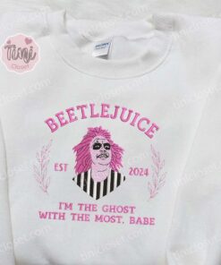 Pink Beetlejuice I’m The Ghost With The Most Halloween Embroidered Shirt