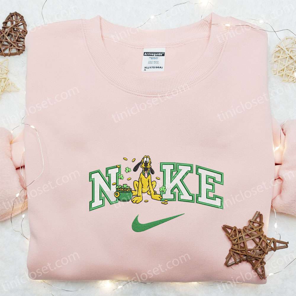 Pluto And Shamrock Gold Pot X Nike Embroidered Shirt, Disney Characters Embroidered Shirt, Saint Patrick’s Day Embroidered Hoodie