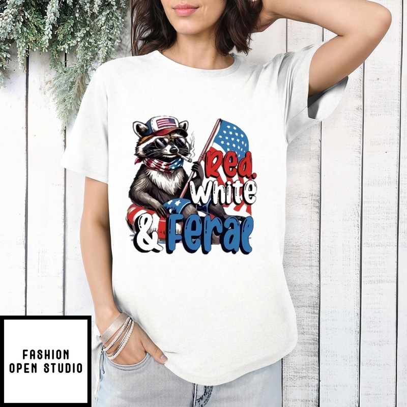 Raccoon Red White & Feral 4th Of July Merica Flag T-shirt