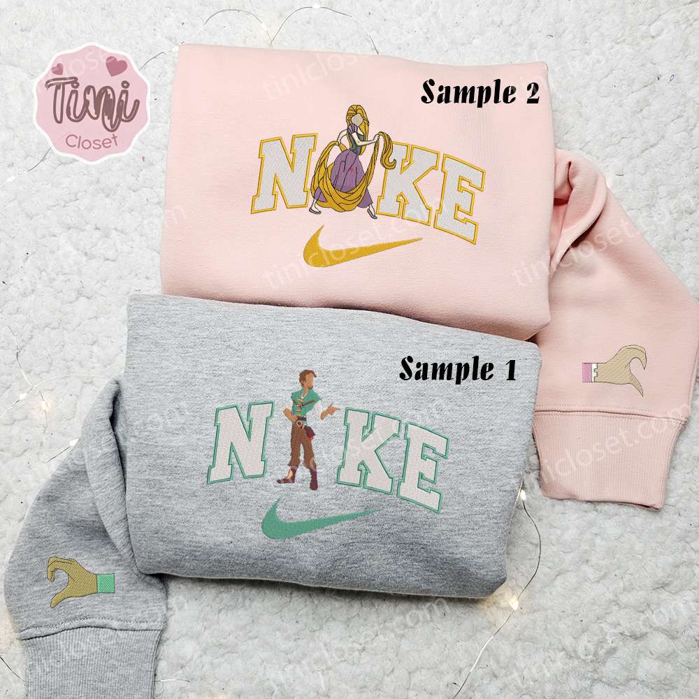 Rapunzel And Flynn X Nike Couple Embroidered Shirt, Disney Characters Embroidered Hoodie, Valentine’s Day Embroidered Sweatshirt