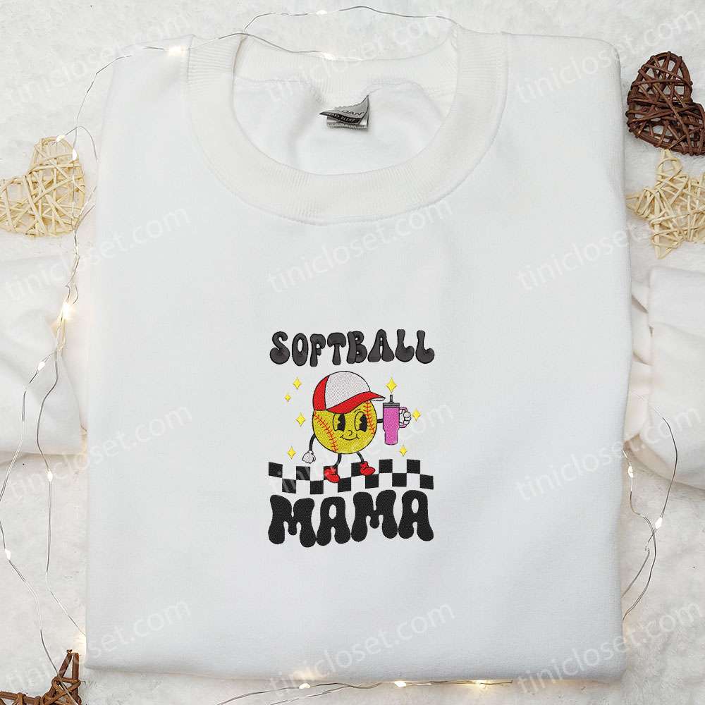 Retro Softball Mama Embroidered Shirt, Mother’s Day Embroidered Hoodie, Best Gift For Mom