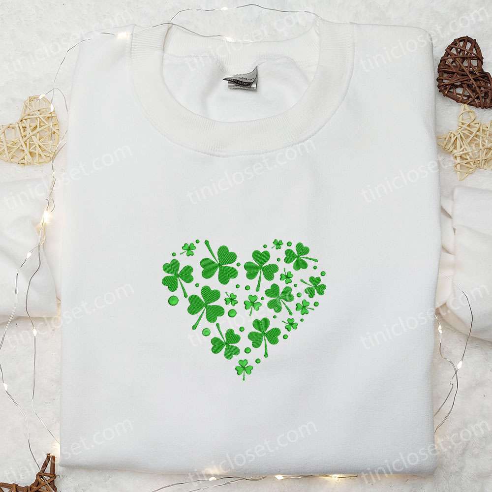 Shamrock Heart Embroidered Shirt, Saint Patrick’s Day Embroidered Hoodie, Best Holiday Gift Ideas